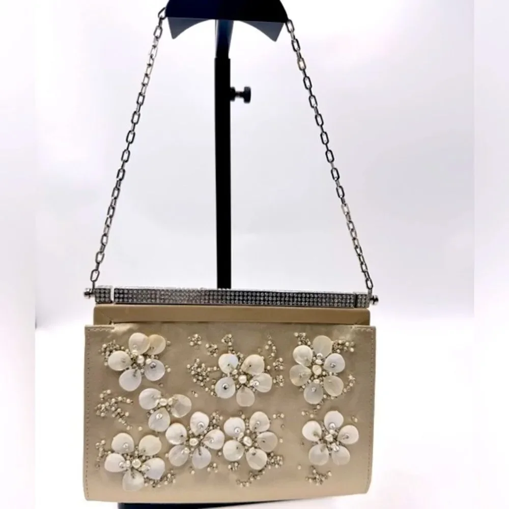 Auth Valentino Silk Floral Embroidered Crystal Framed Clutch Chain Evening Bag